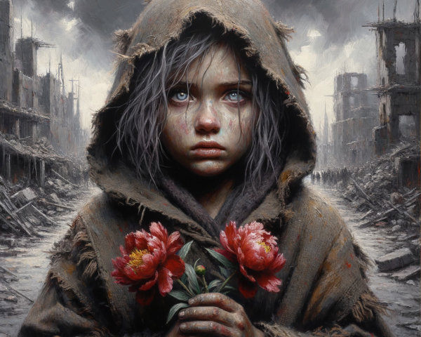 Young Girl in Tattered Clothing Amidst War Ruins