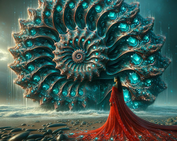 Woman in Red Gown by Nautilus Shell on Rocky Beach