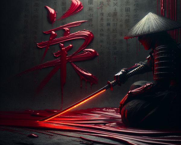 Warrior in Traditional Attire with Glowing Sword