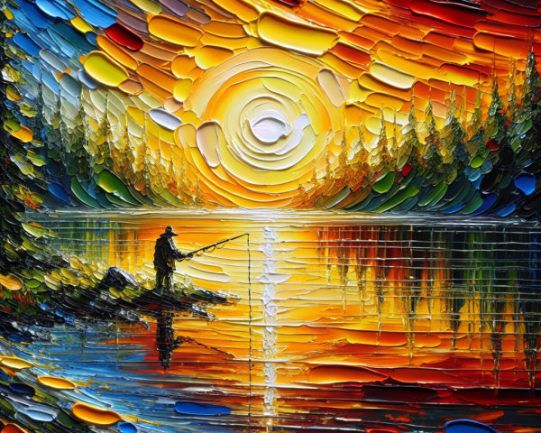 Fisherman by Tranquil Lake at Vibrant Sunset
