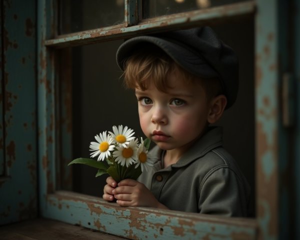 Child with Daisies at a Weathered Window