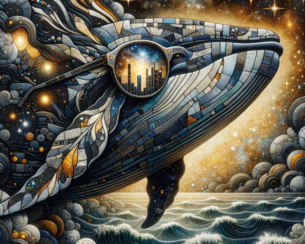 Whale Breaching with Mosaic Patterns and City Reflection