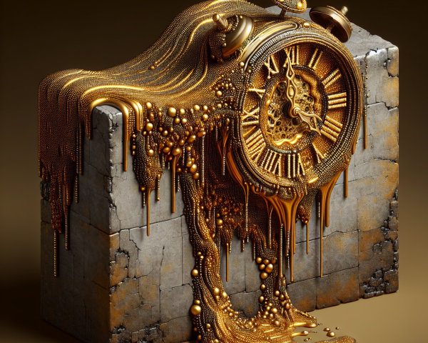 Surreal Melting Clock with Golden Details on Stone Block