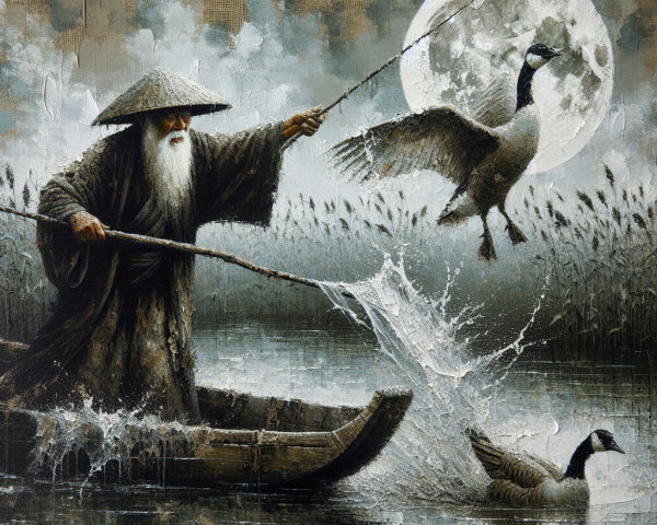 Elderly Fisherman on Tranquil River at Night