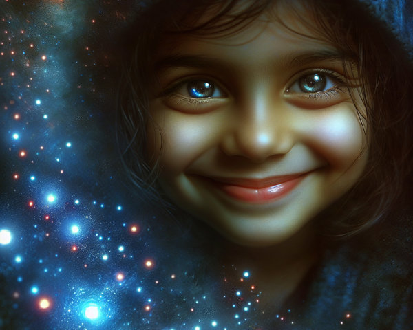 Young girl with blue eyes in cosmic backdrop