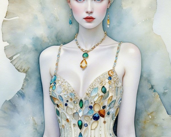 Elegant Gown with Gemstones and Ethereal Background