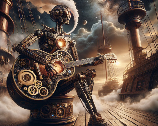 Steampunk Robot Playing Guitar on a Wooden Deck