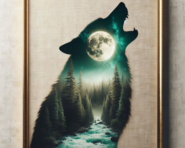 Double Exposure Wolf Painting with Moon and Forest