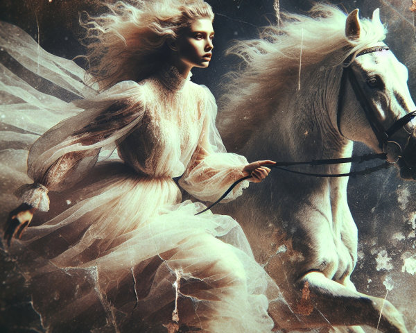Ethereal Figure on Galloping White Horse in Vintage Scene