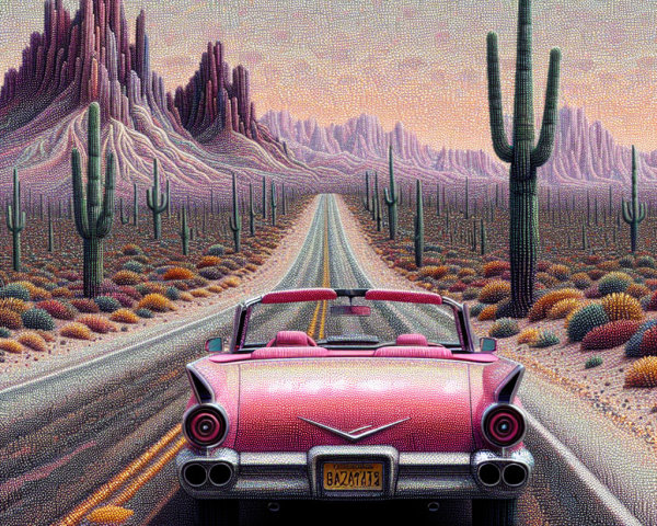 Classic Convertible on Desert Road with Mountains