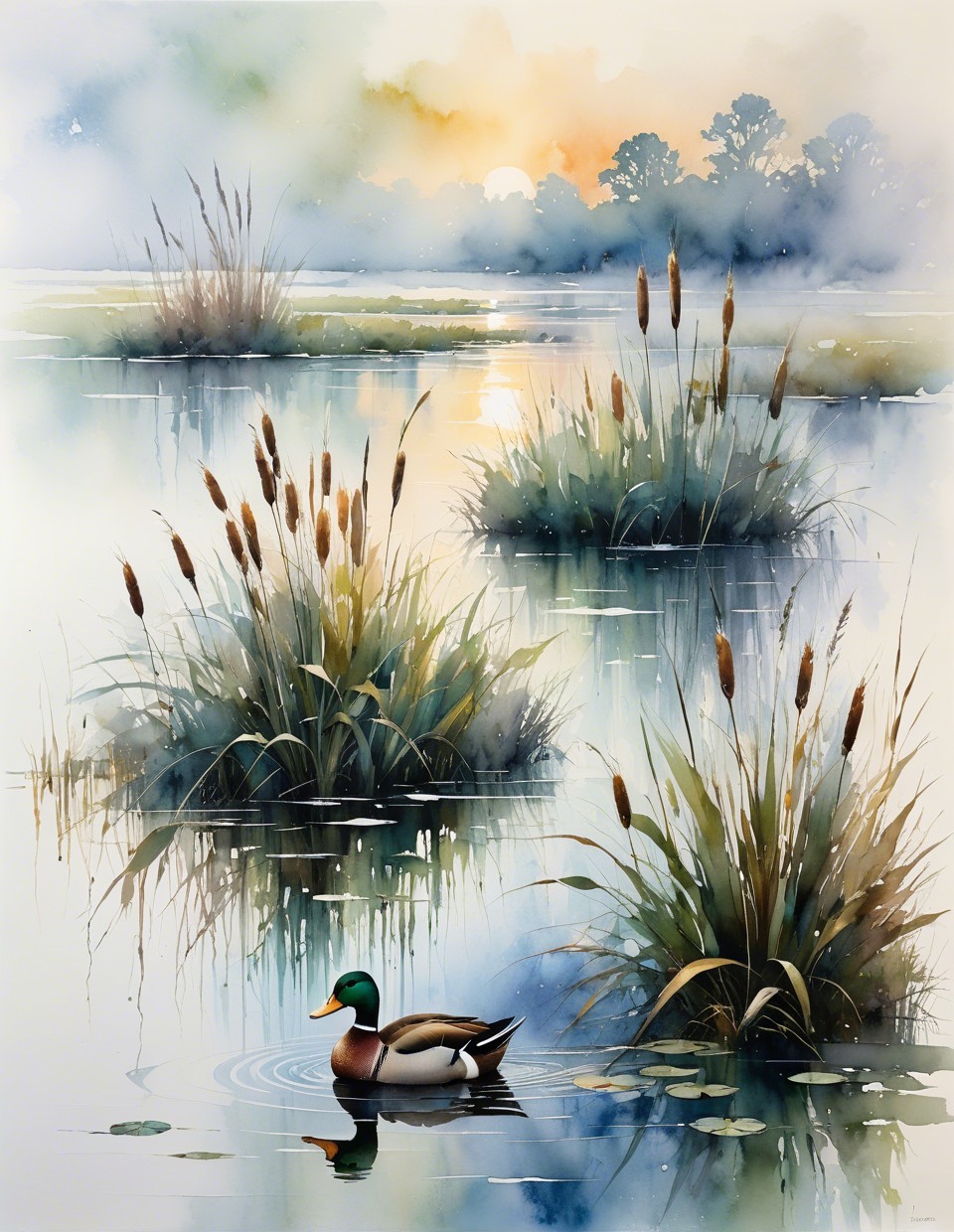 Watercolor of a Mallard Duck in Marsh Landscape