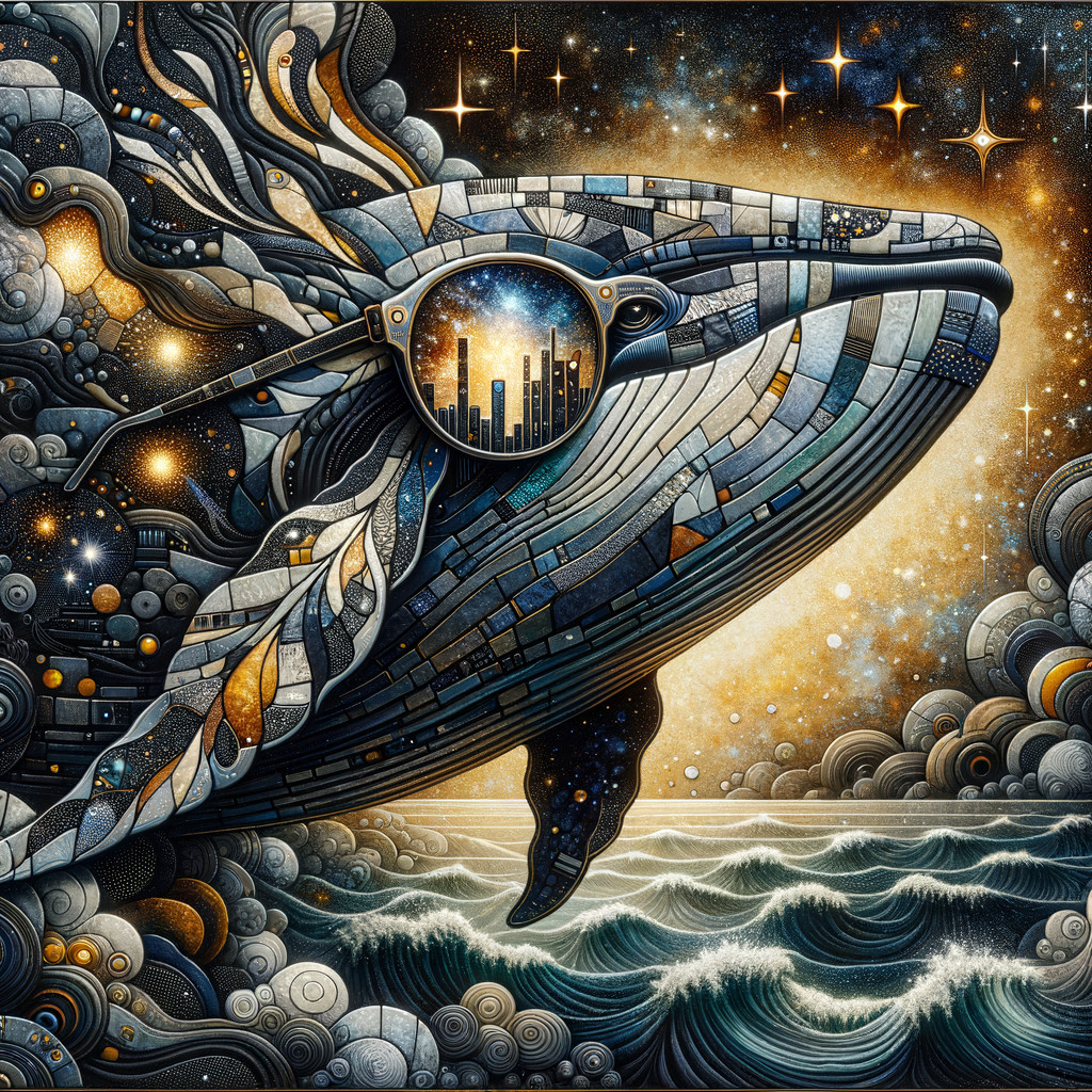 Whale Breaching with Mosaic Patterns and City Reflection