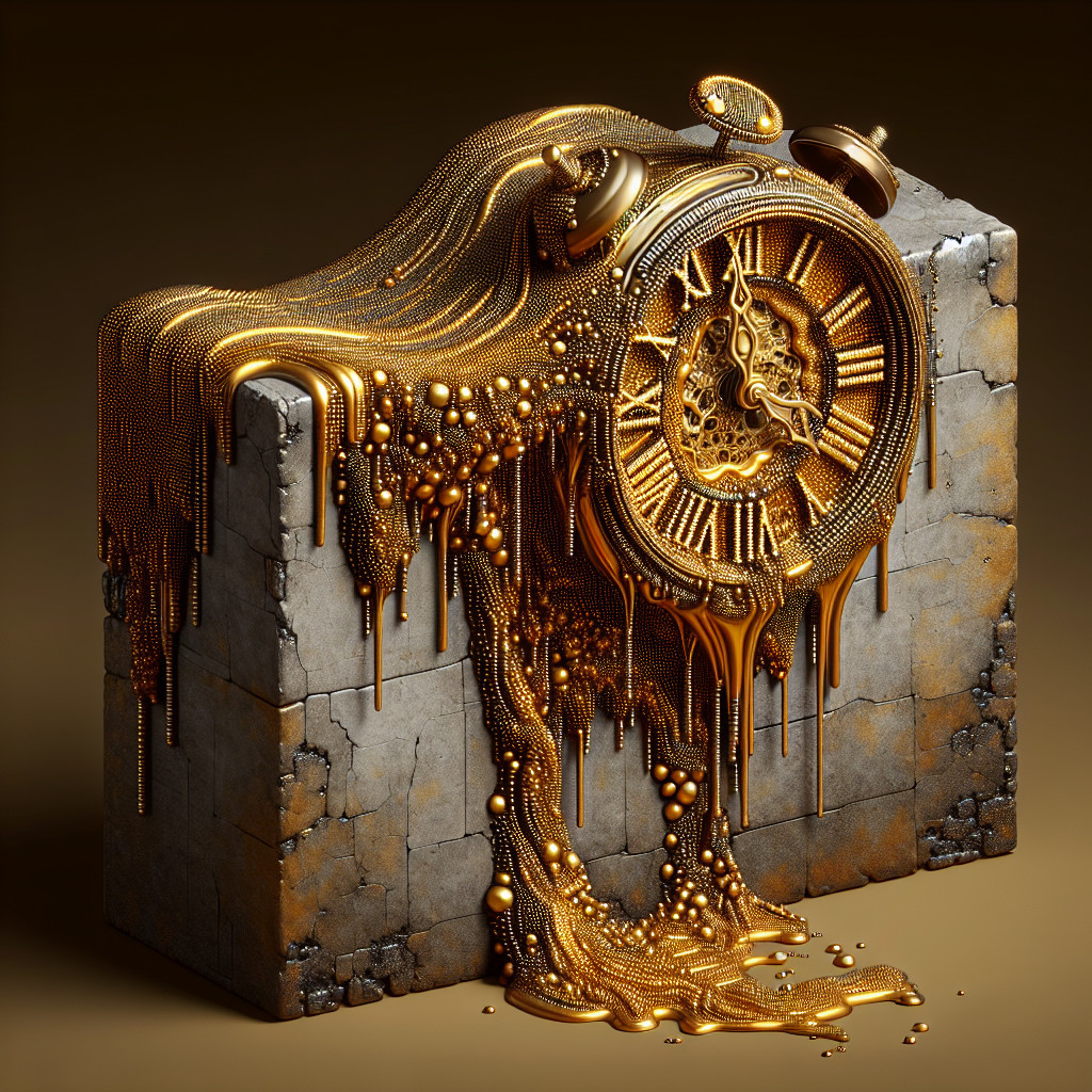 Surreal Melting Clock with Golden Details on Stone Block