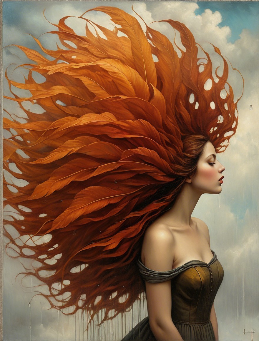 Auburn-haired woman in vintage dress against clouds
