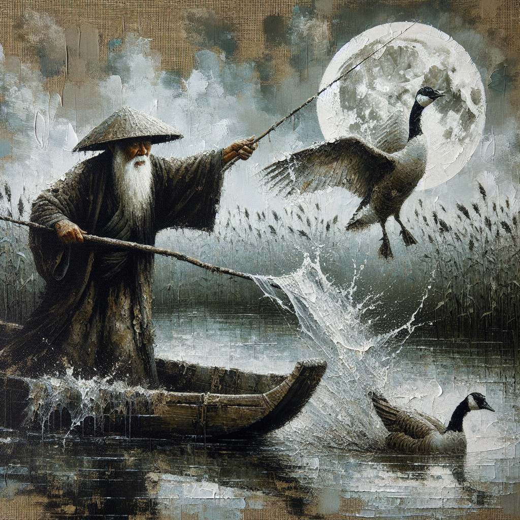 Elderly Fisherman on Tranquil River at Night