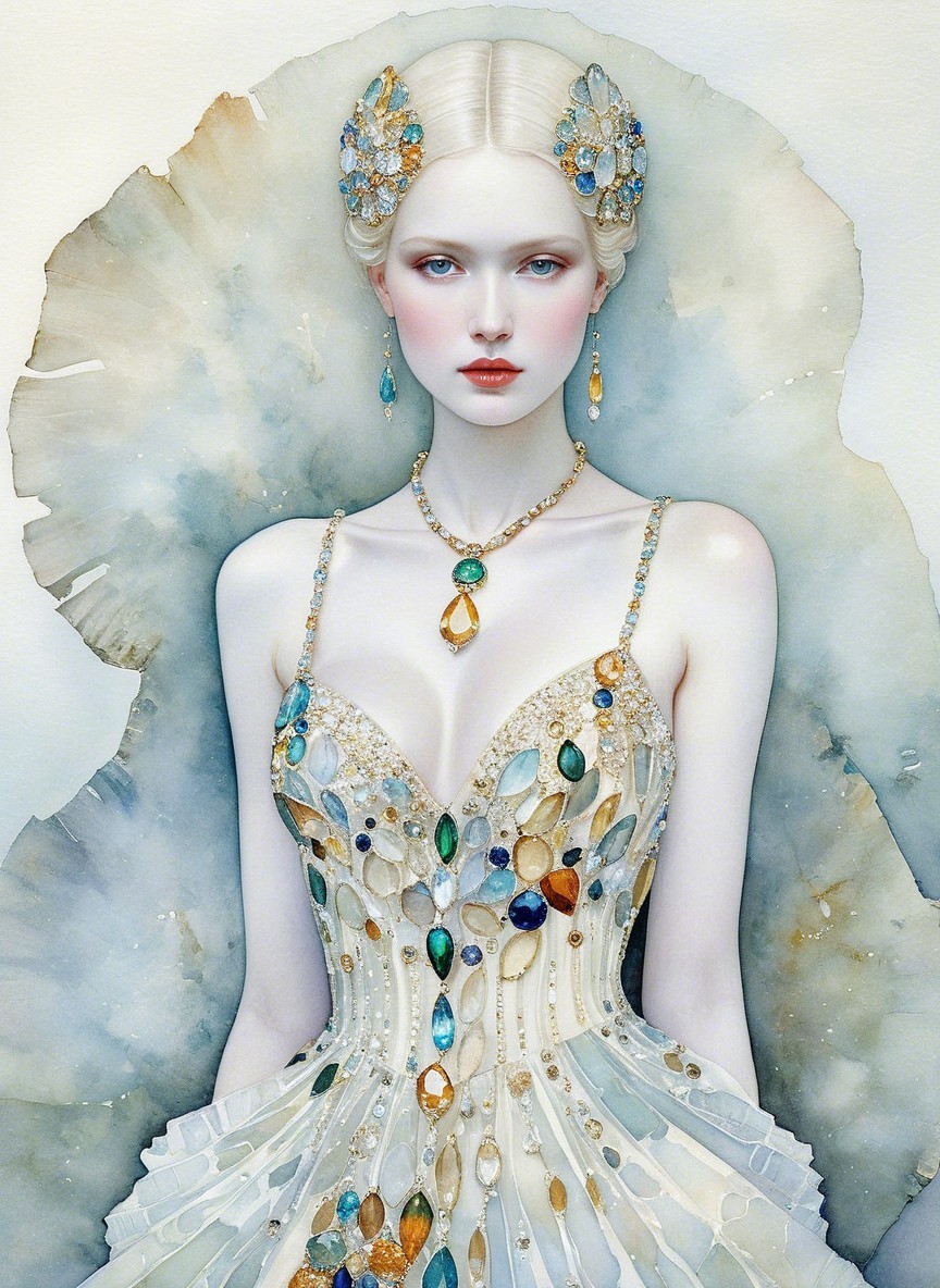 Elegant Gown with Gemstones and Ethereal Background