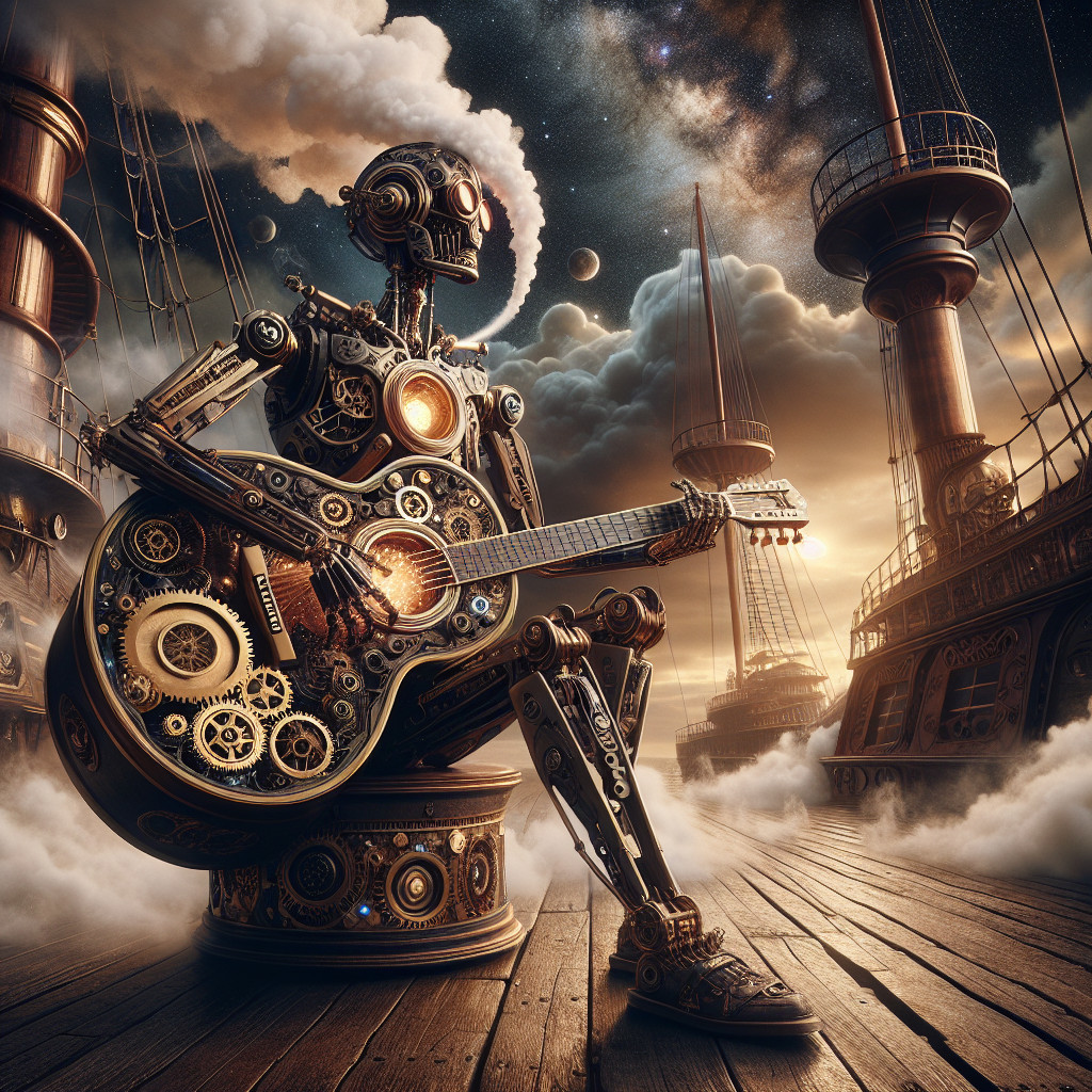 Steampunk Robot Playing Guitar on a Wooden Deck
