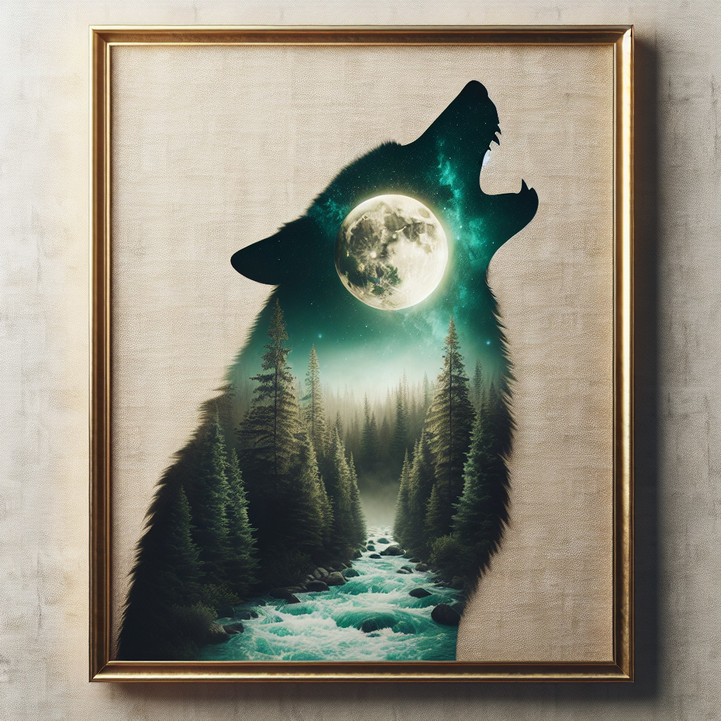 Double Exposure Wolf Painting with Moon and Forest