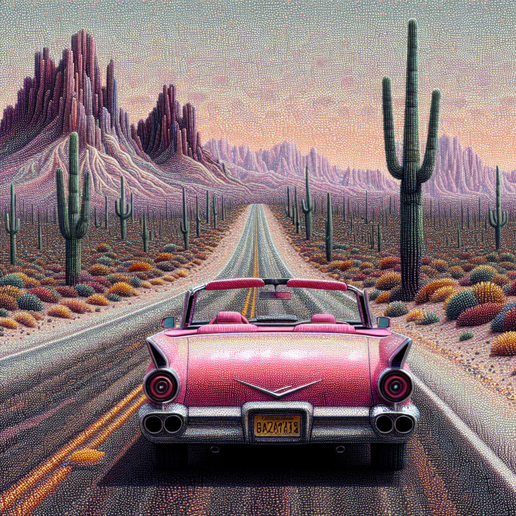 Classic Convertible on Desert Road with Mountains
