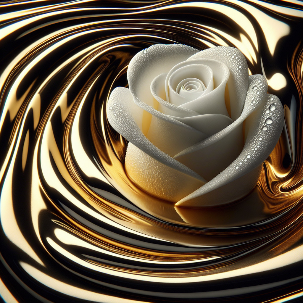 White Rose on Golden Liquid with Droplets