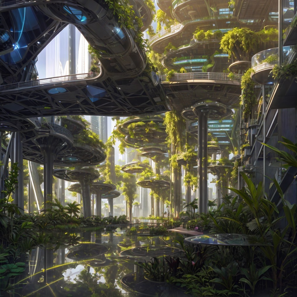 Futuristic cityscape blending nature and modern architecture