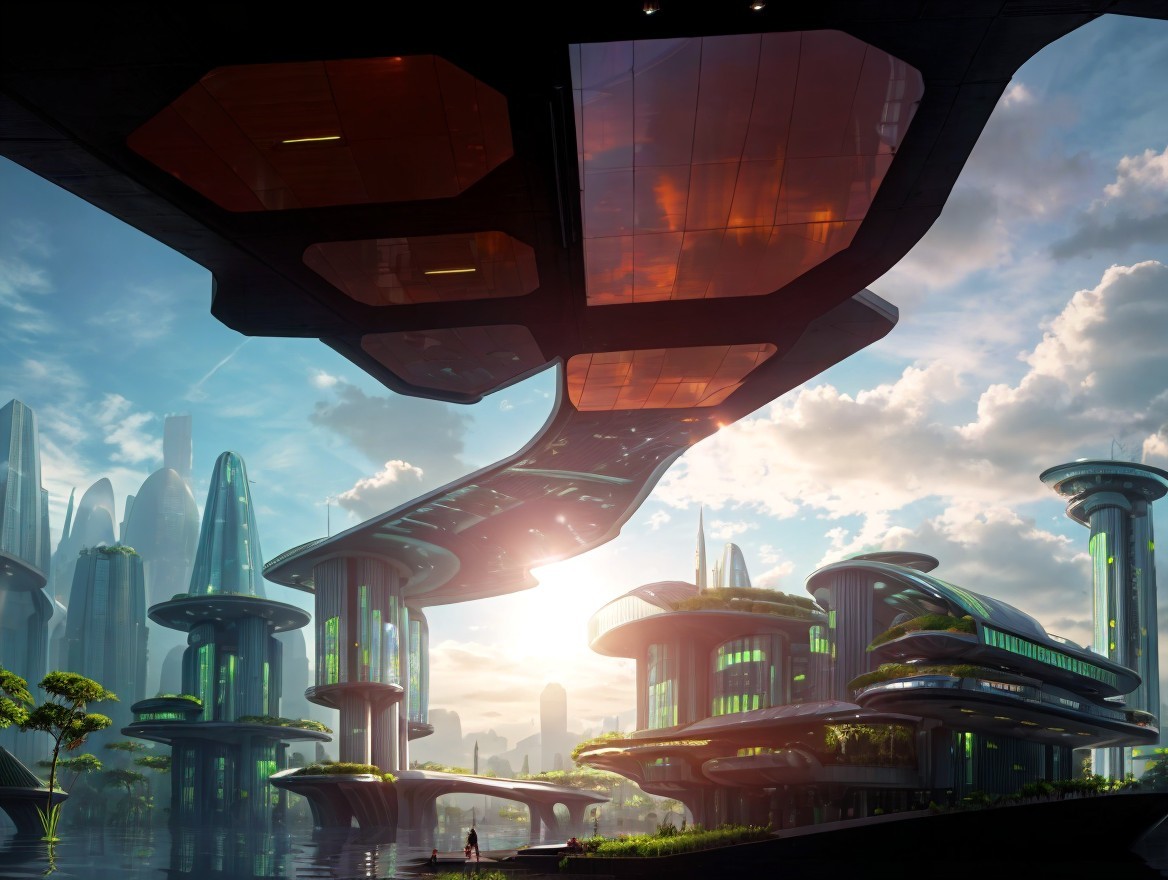Futuristic Cityscape with Modular Buildings and Nature