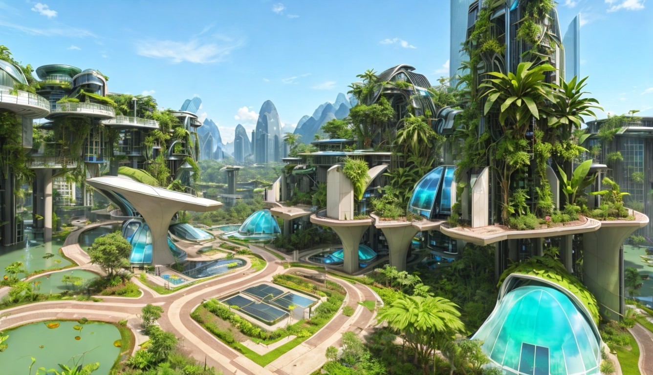 Futuristic cityscape with greenery and modern architecture