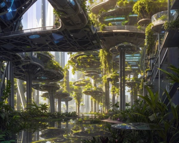 Futuristic cityscape blending nature and modern architecture