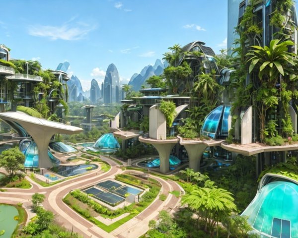 Futuristic cityscape with greenery and modern architecture