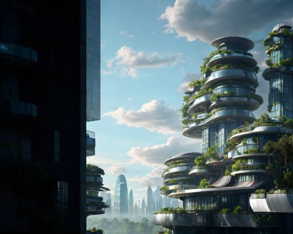 Futuristic cityscape with greenery and modern architecture