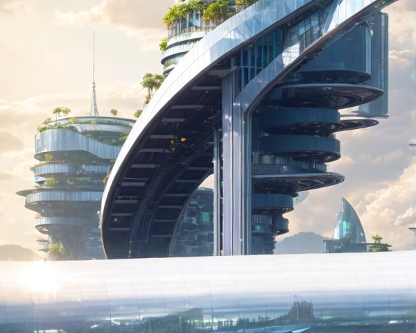 Futuristic cityscape with advanced architecture and nature