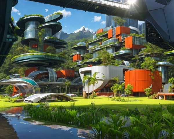 Futuristic cityscape with avant-garde buildings and nature