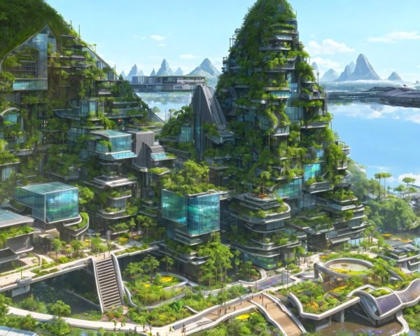 Futuristic Cityscape Surrounded by Lush Mountains