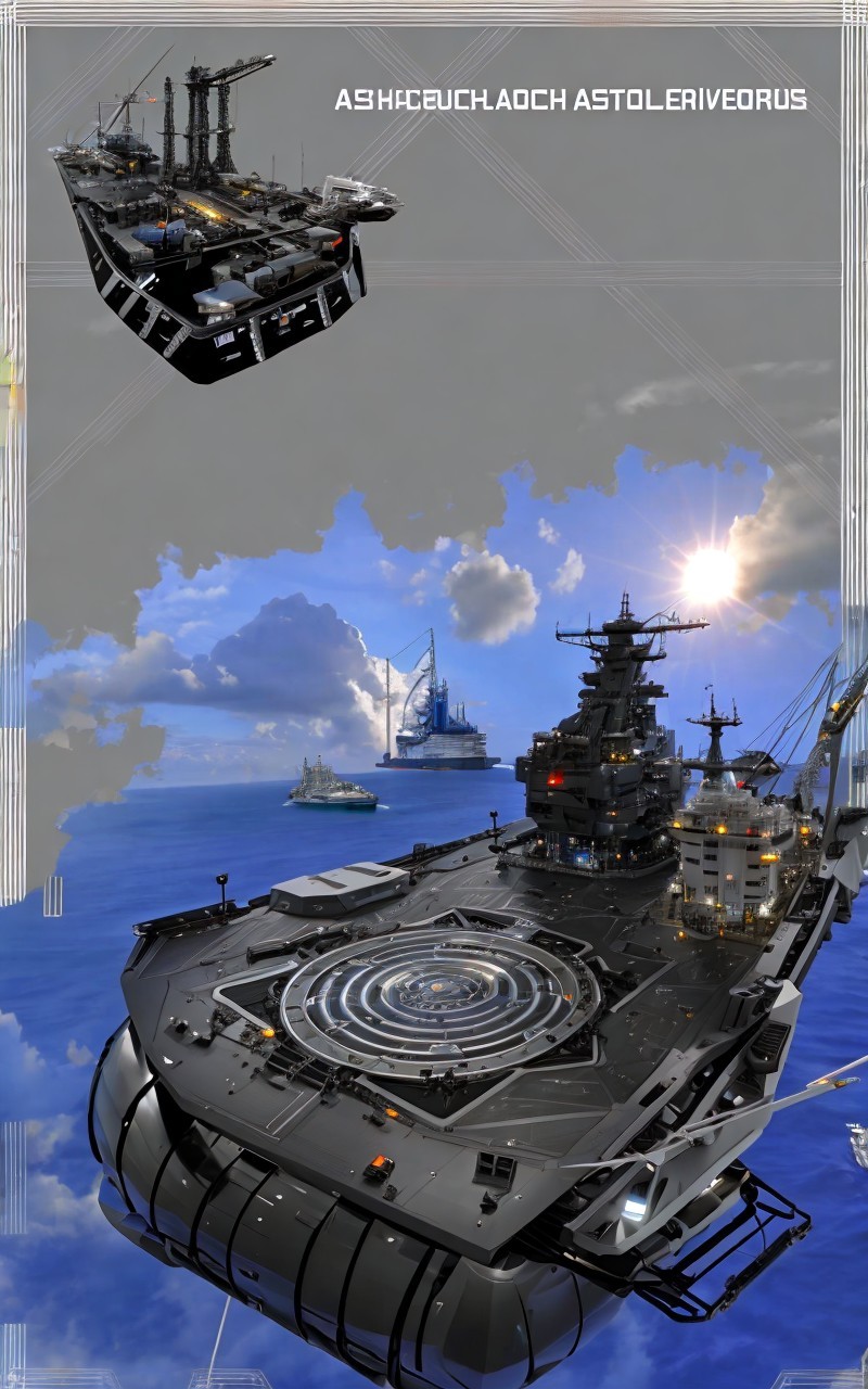 Futuristic Naval Vessel in a Busy Maritime Scene