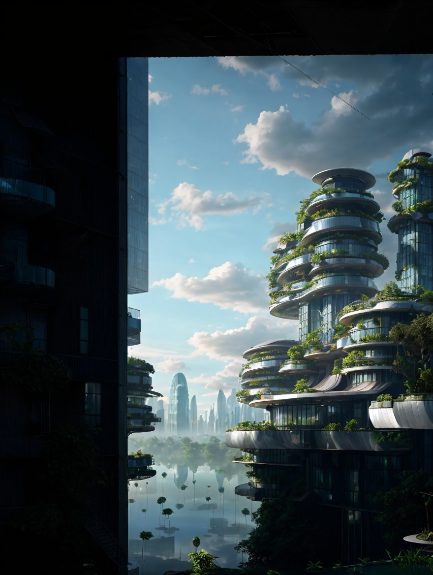 Futuristic cityscape with greenery and modern architecture