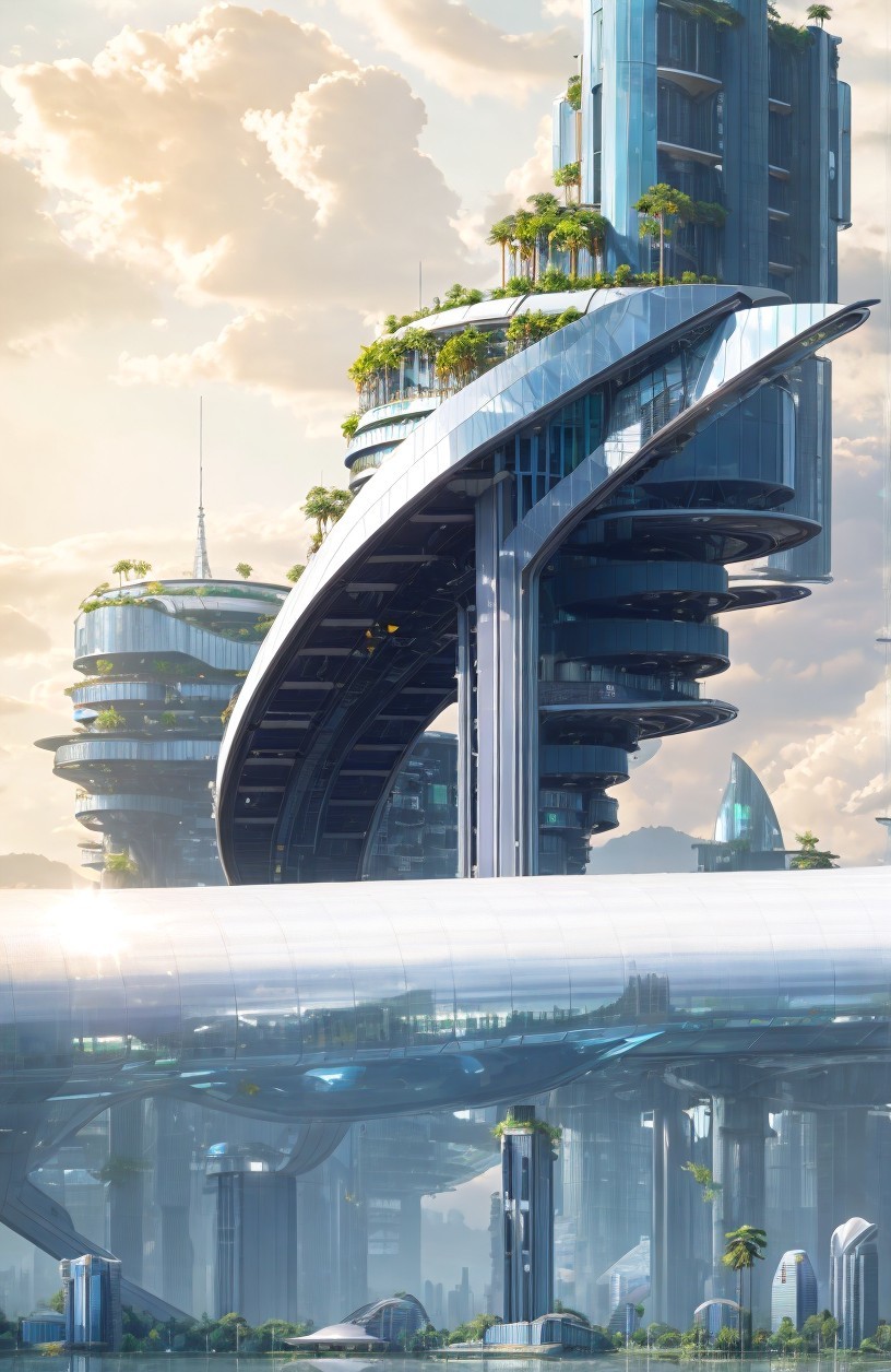 Futuristic cityscape with advanced architecture and nature
