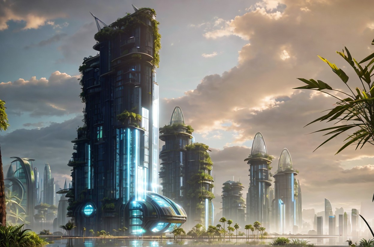 Futuristic cityscape with skyscrapers and greenery