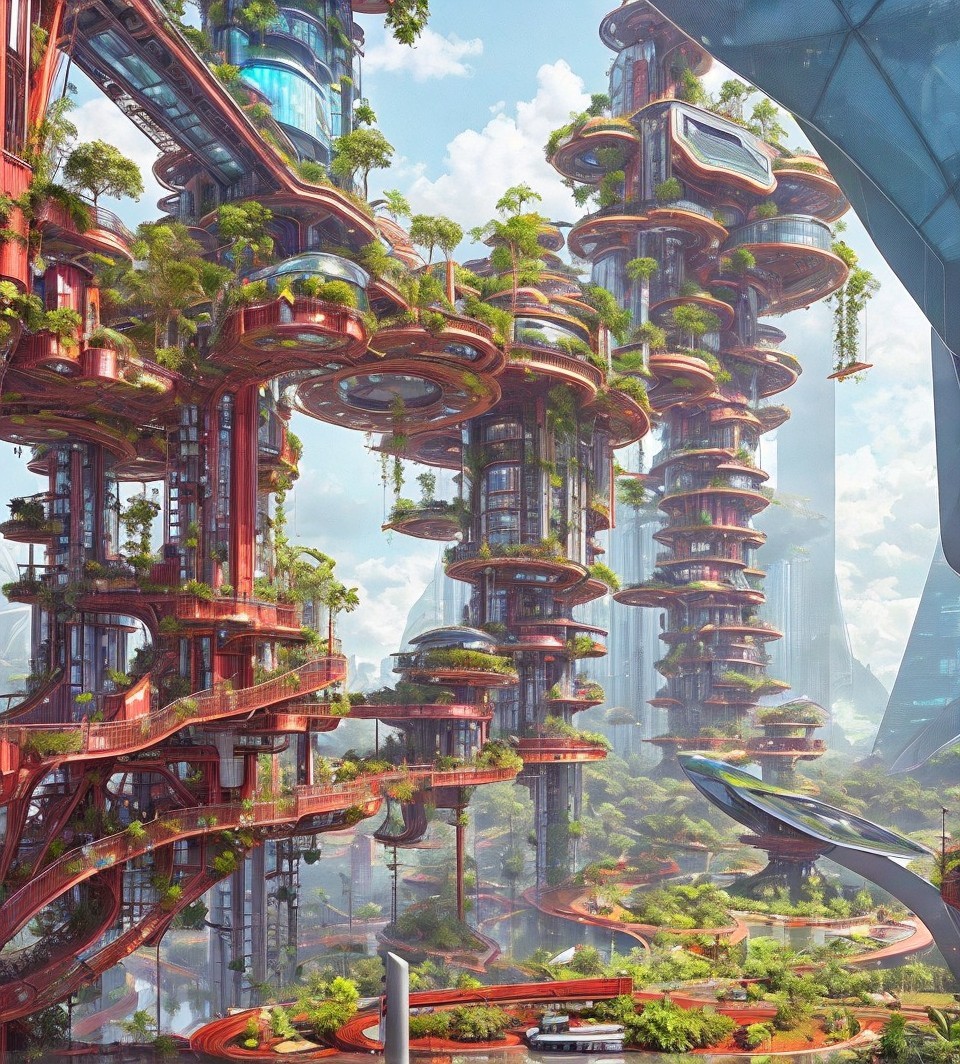 Futuristic cityscape with red structures and greenery