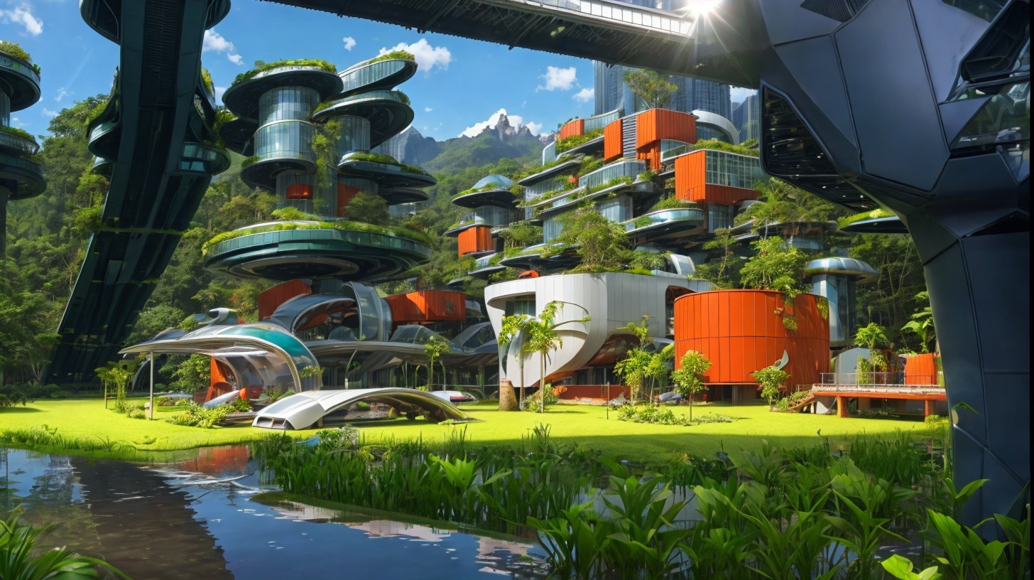 Futuristic cityscape with avant-garde buildings and nature