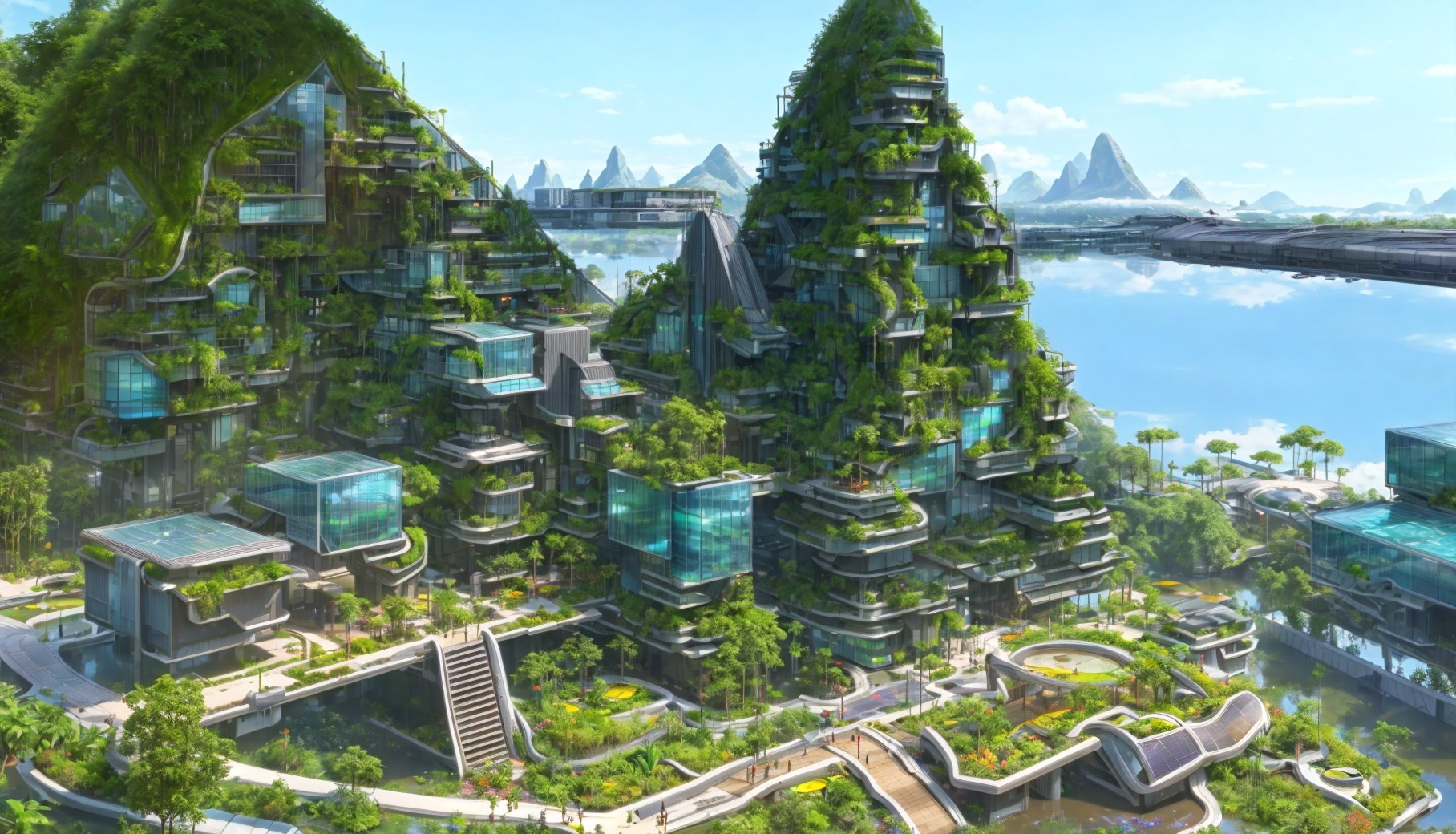 Futuristic Cityscape Surrounded by Lush Mountains