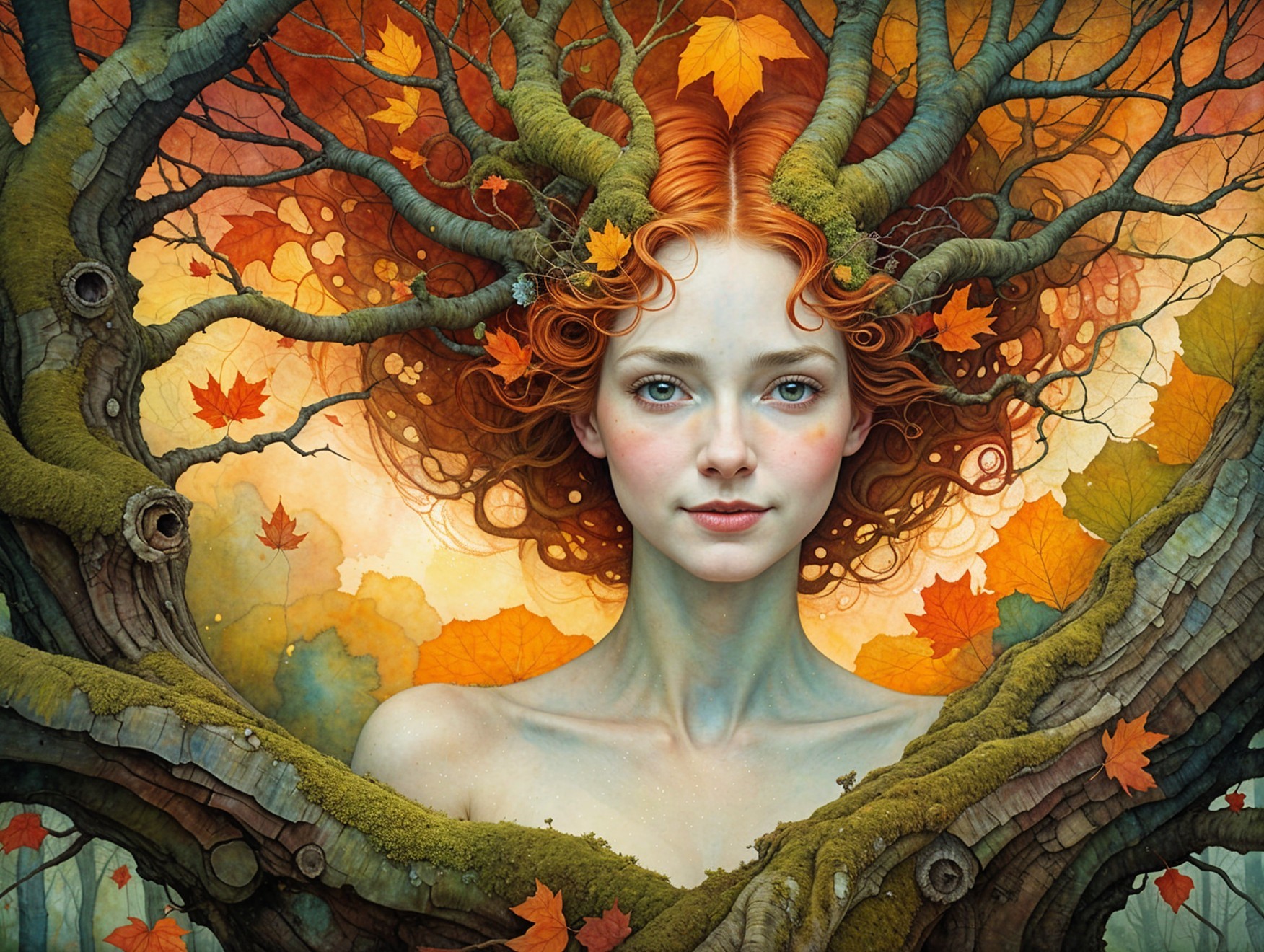 Ethereal Woman Surrounded by Autumn Foliage