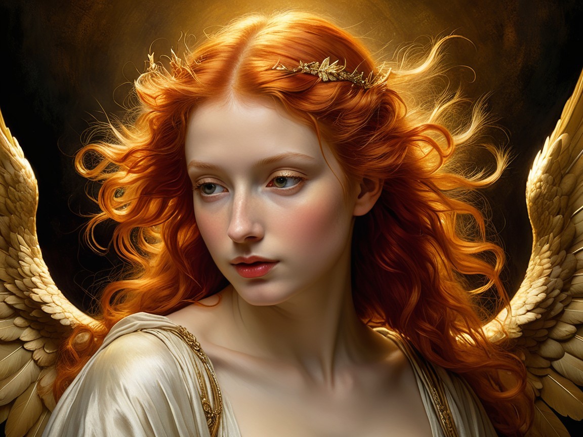 Ethereal Figure with Red Hair and Golden Wings