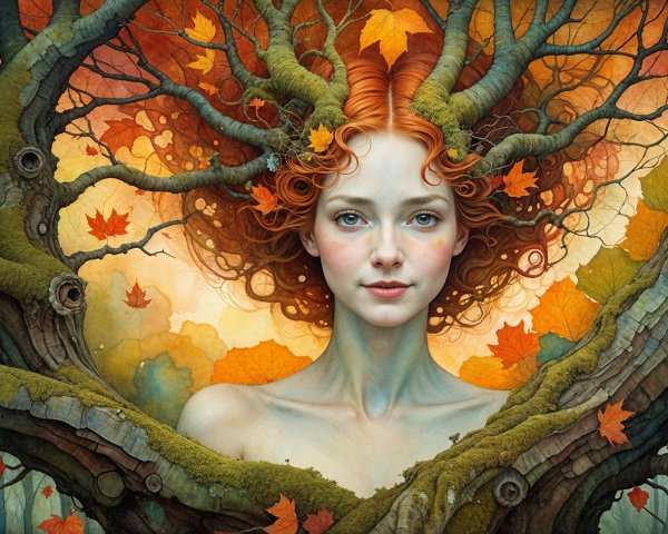 Ethereal Woman Surrounded by Autumn Foliage