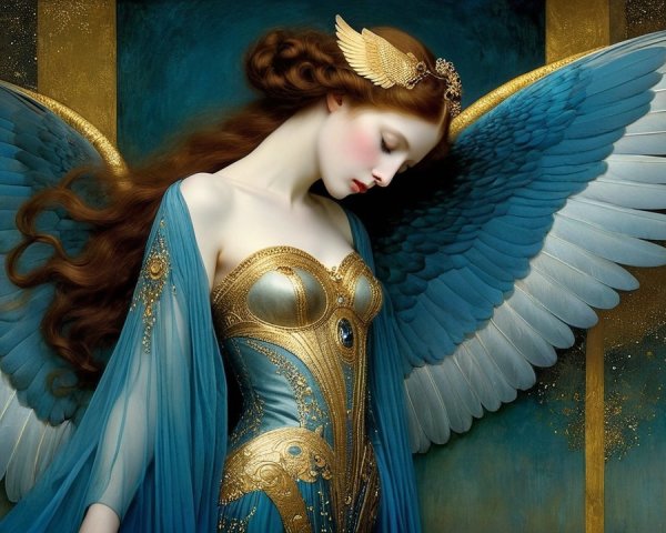 Serene Female Figure in Blue Gown with Feathered Wings