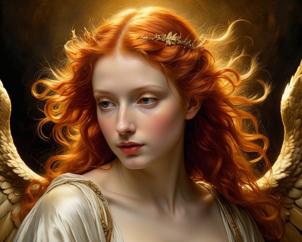 Ethereal Figure with Red Hair and Golden Wings
