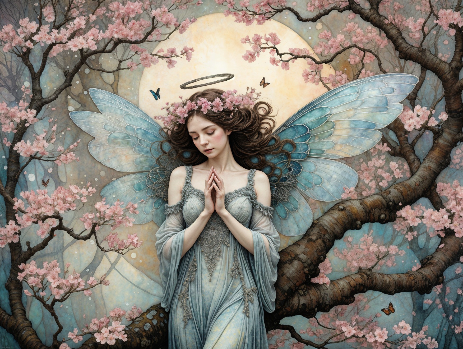 Fairy Beneath Cherry Blossom Tree with Moonlight Glow