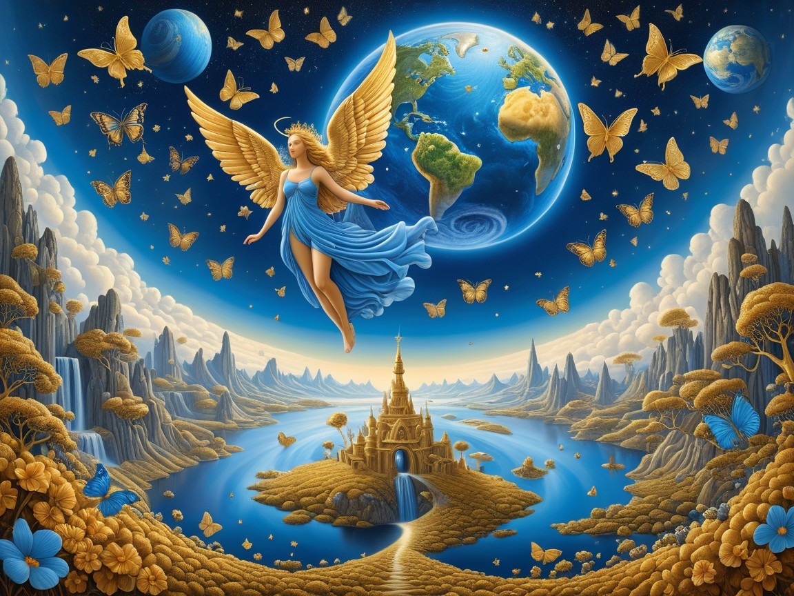 Serene Angel with Golden Wings Over Vibrant Landscape