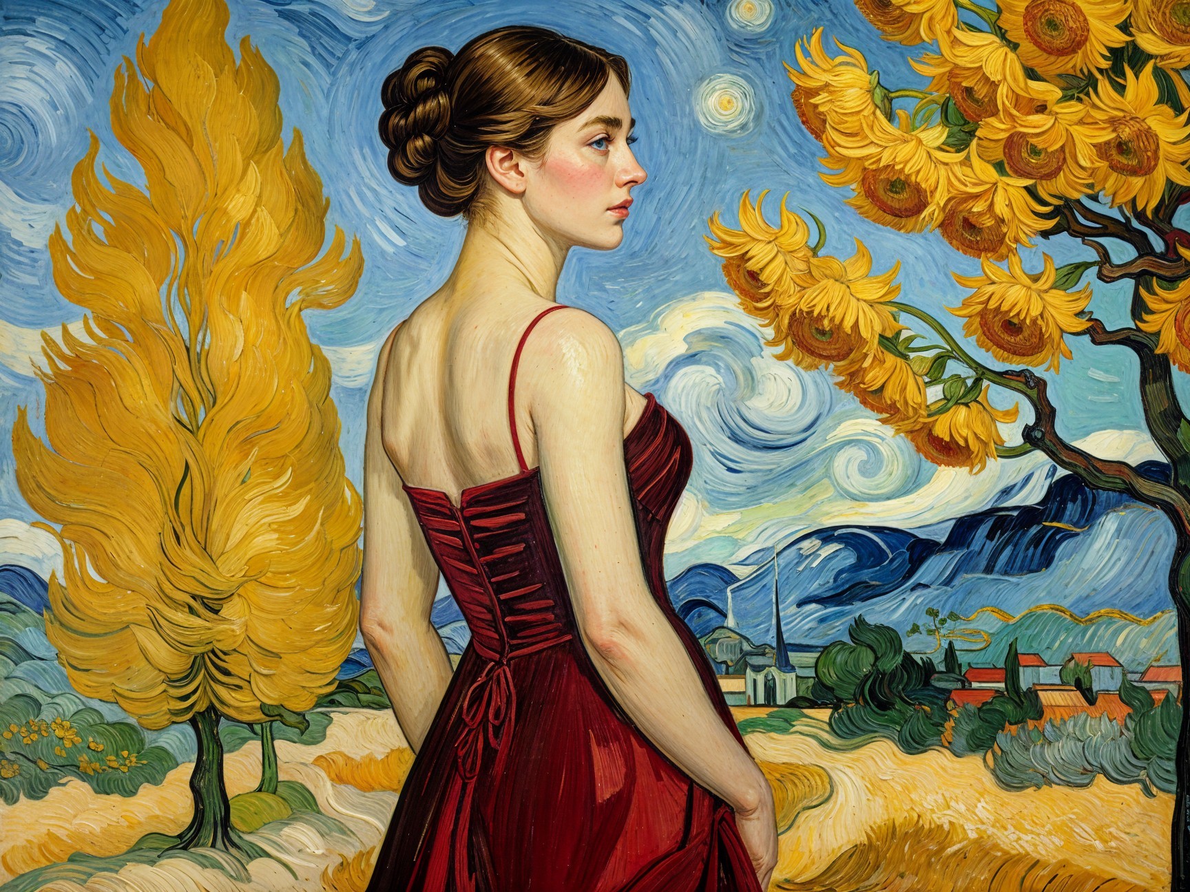 Woman in Red Dress Against Vibrant Impressionistic Landscape