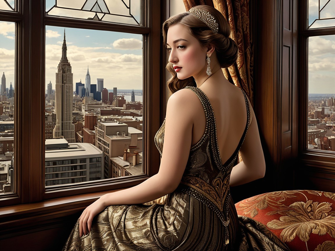 Elegant Woman in Gold Dress by Cityscape Window