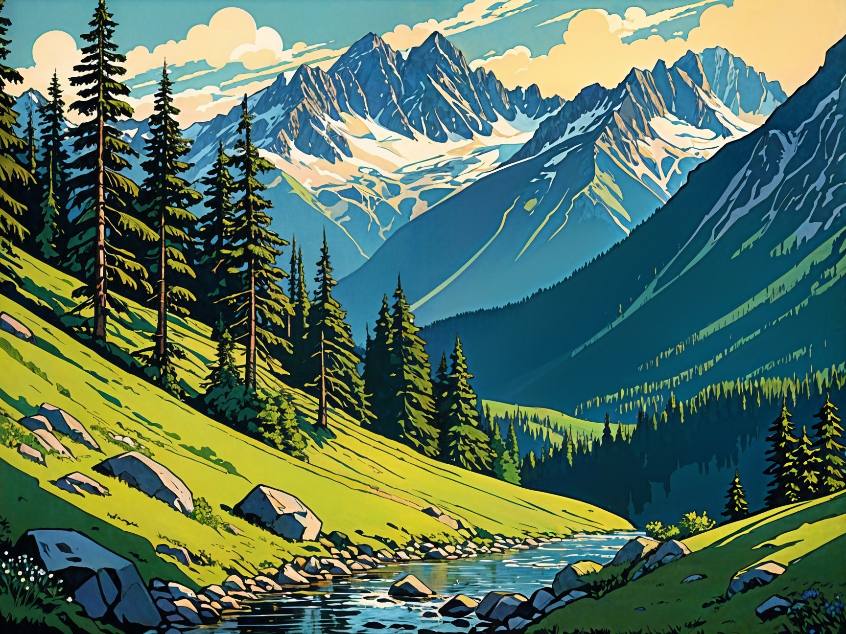 Vibrant Landscape with River and Snow-Capped Mountains
